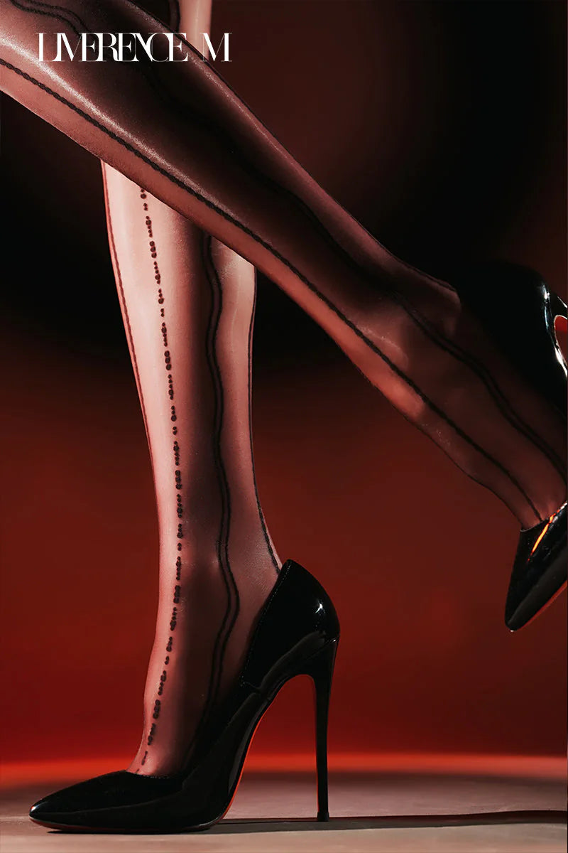 Denpa 8D black glossy jacquard pantyhose with dotted back seams