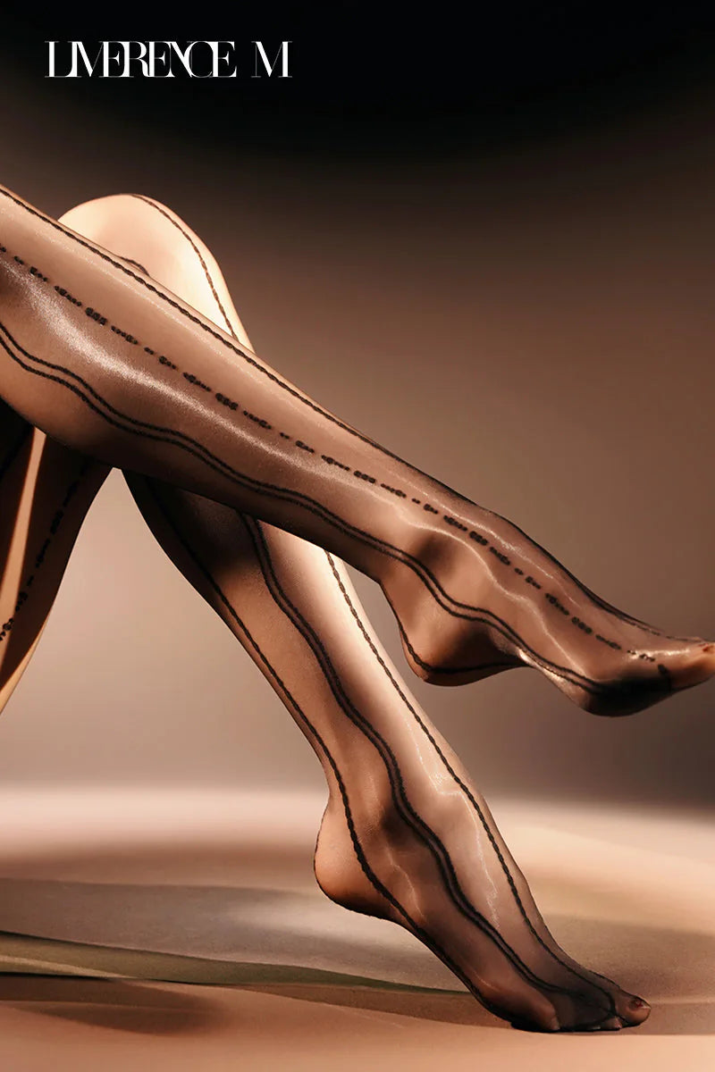 Crossed legs wearing Denpa 8D nude glossy jacquard pantyhose