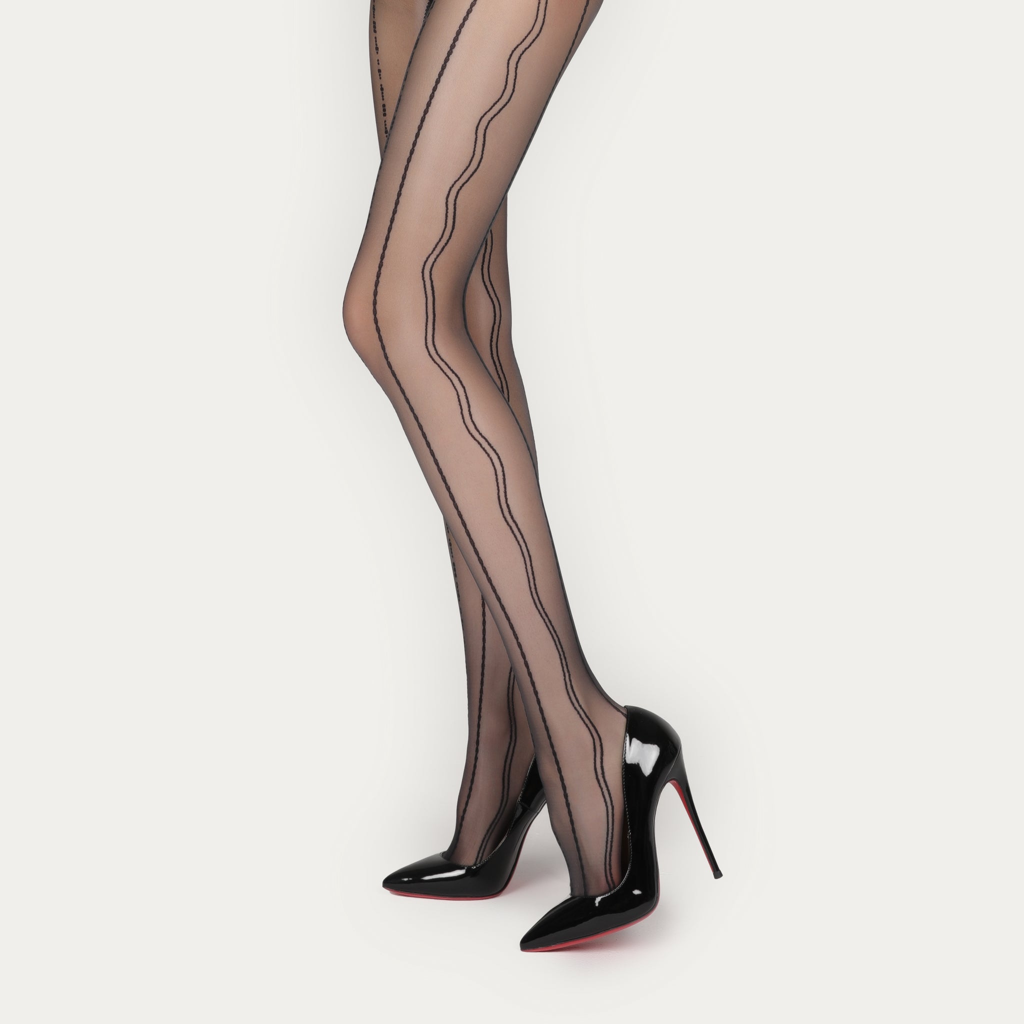 Studio view of Denpa 8D black wavy-line jacquard pantyhose
