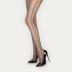 Full-length studio view of Denpa 8D black glossy jacquard pantyhose