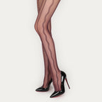 Full-length view of Denpa 8D black wavy-line jacquard pantyhose