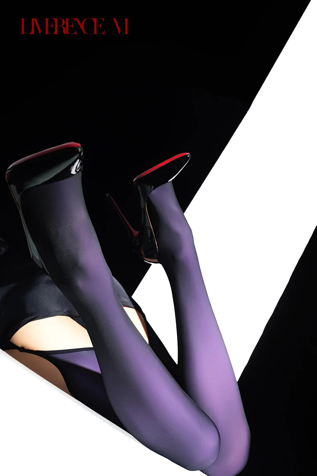 Raised legs wearing Gem 150D purple one-piece garter stockings