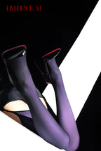 Raised legs wearing Gem 150D purple one-piece garter stockings
