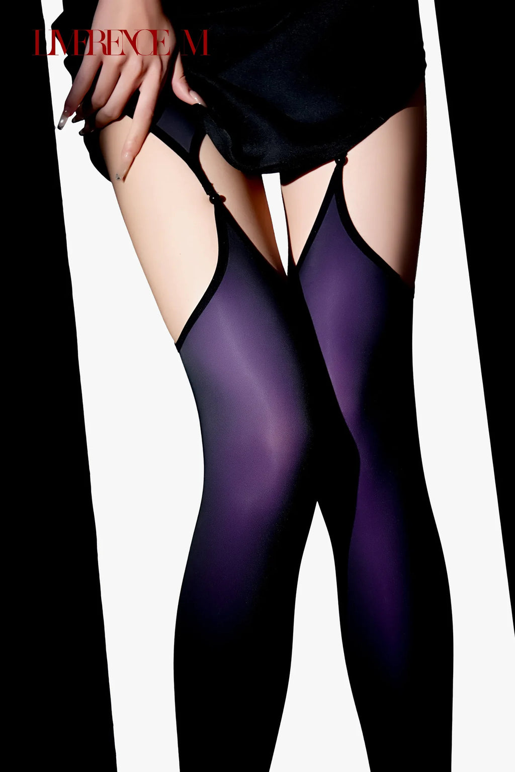 Front view of Gem 150D purple one-piece garter stockings