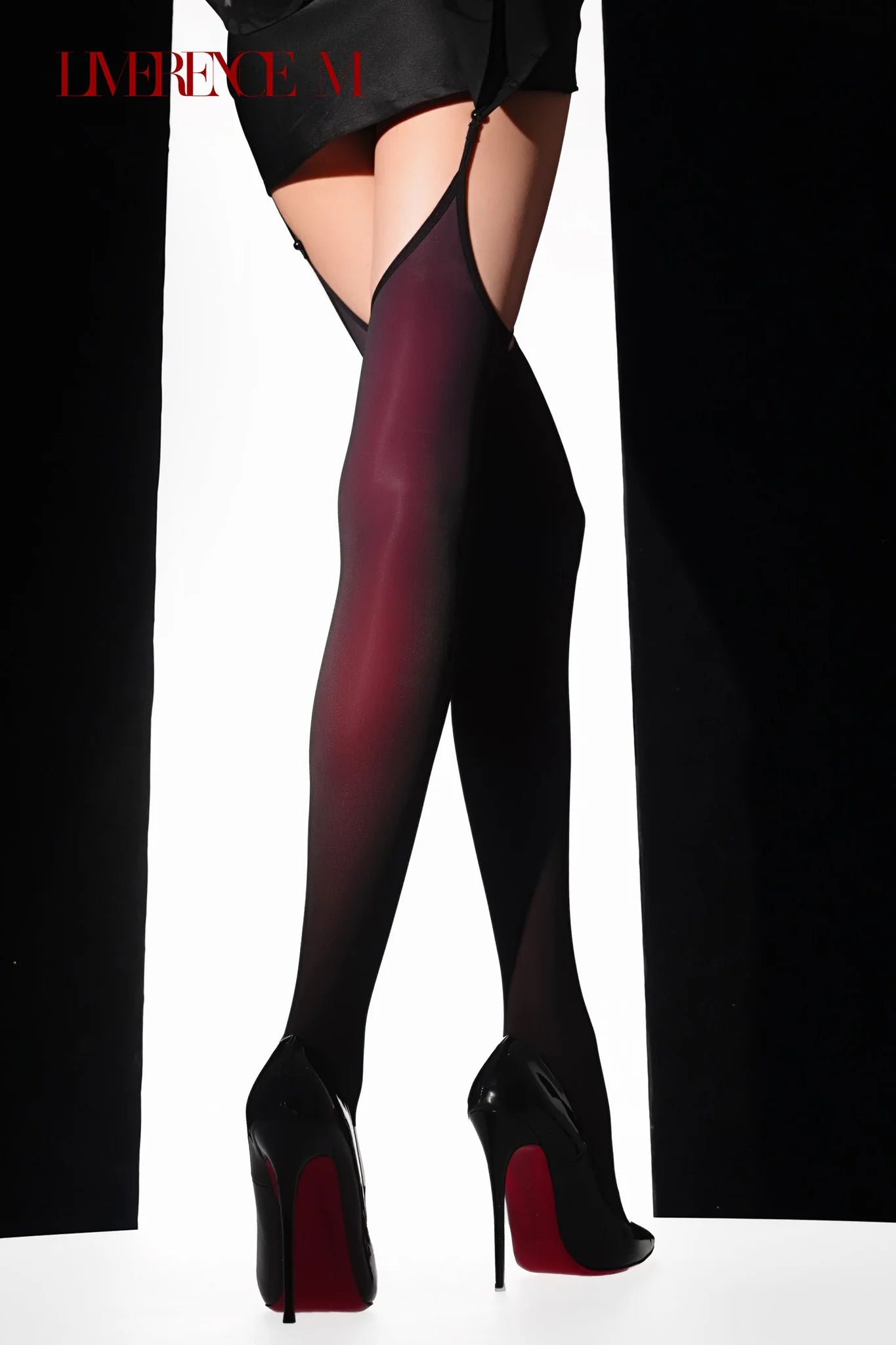 Back view of Gem 150D burgundy one-piece garter stockings and heels
