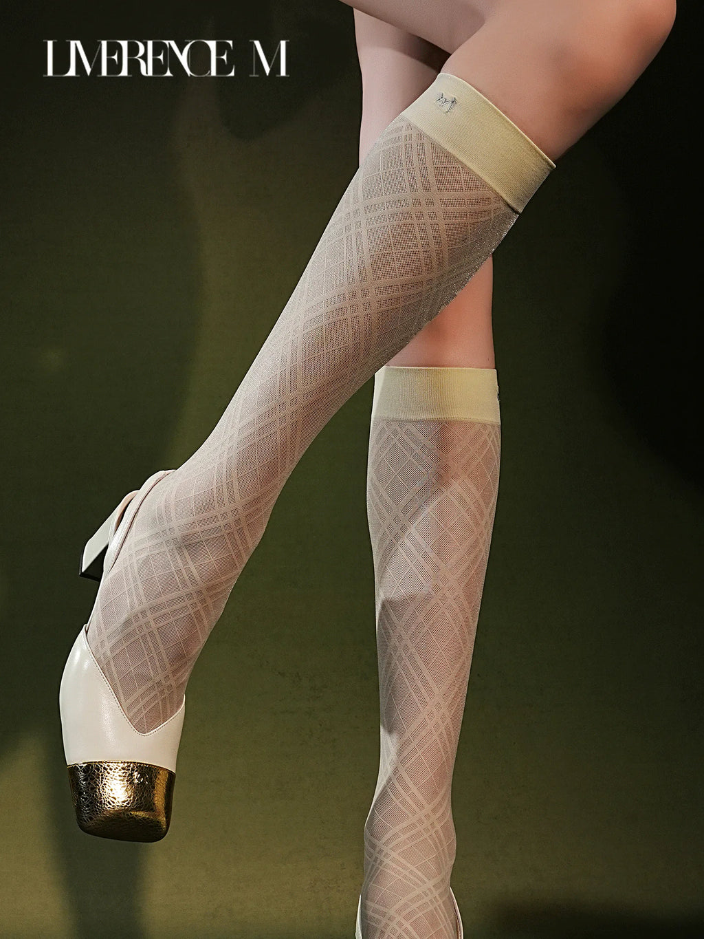 Standing pose in Graceline 8D pale-yellow plaid knee-high socks