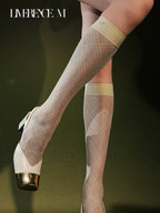 Standing pose in Graceline 8D pale-yellow plaid knee-high socks