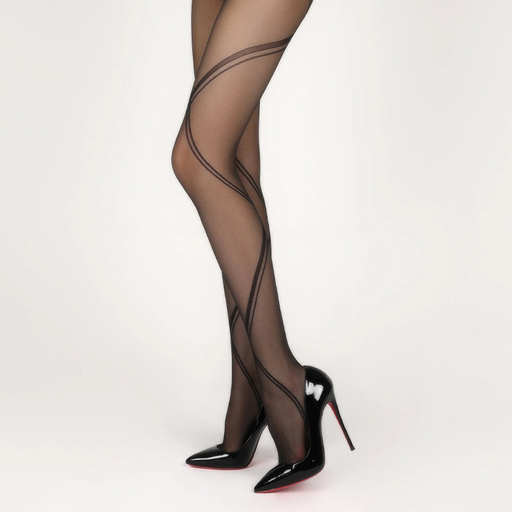 Full-length view of Kuroband 5D black geometric-line pantyhose