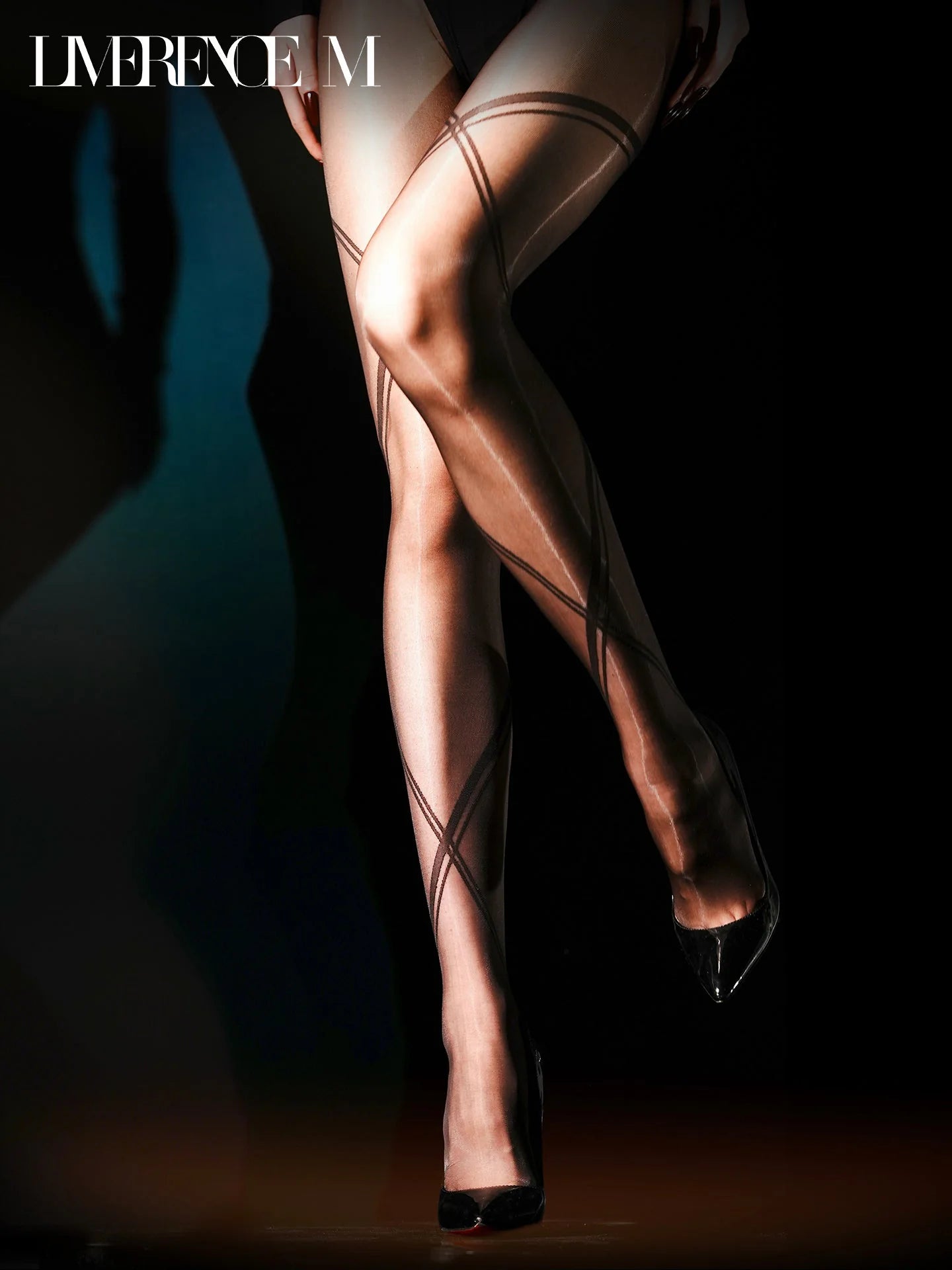 Standing pose in Kuroband 8D black geometric-line pantyhose and heels