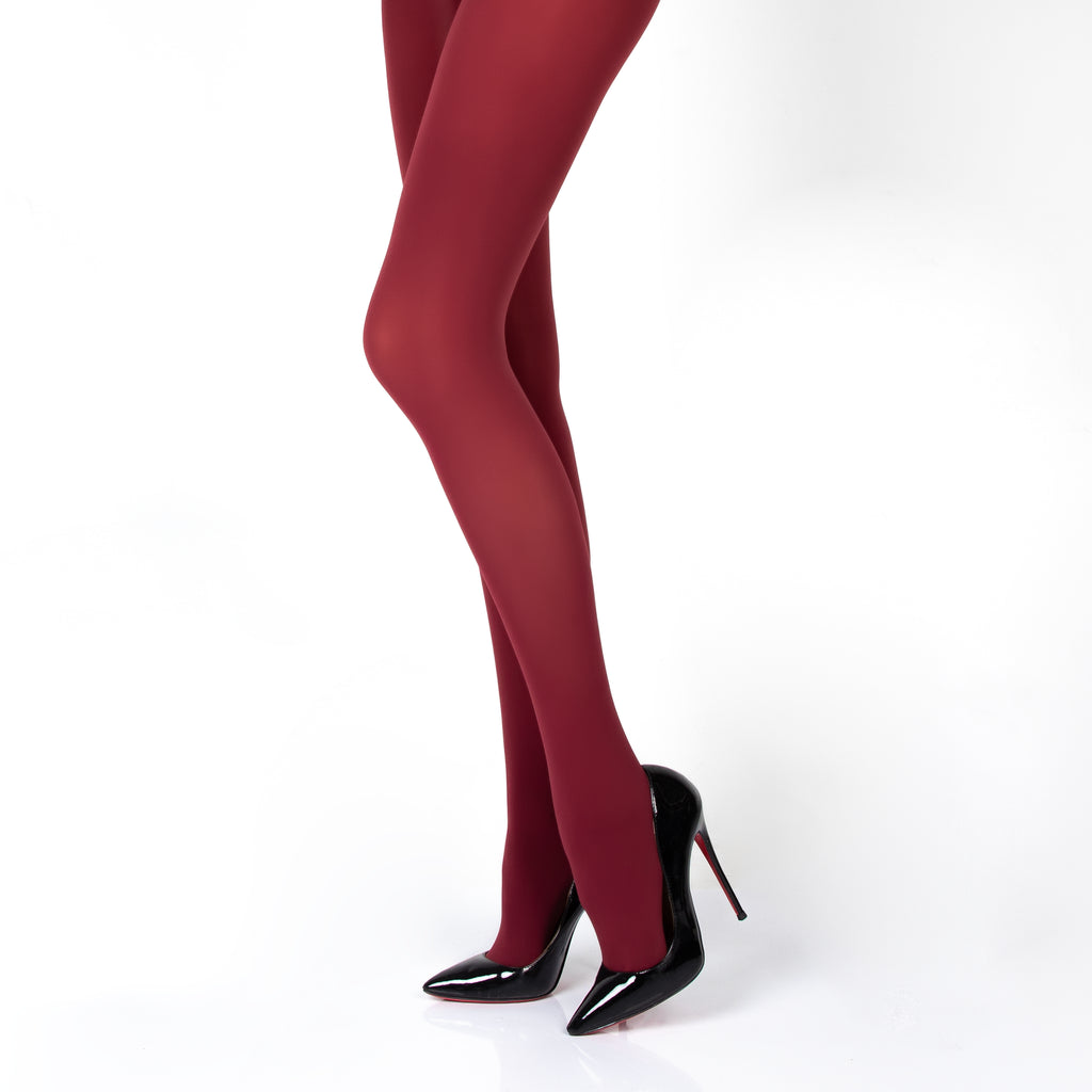 Full-length view of Netsuai burgundy opaque tights with heels