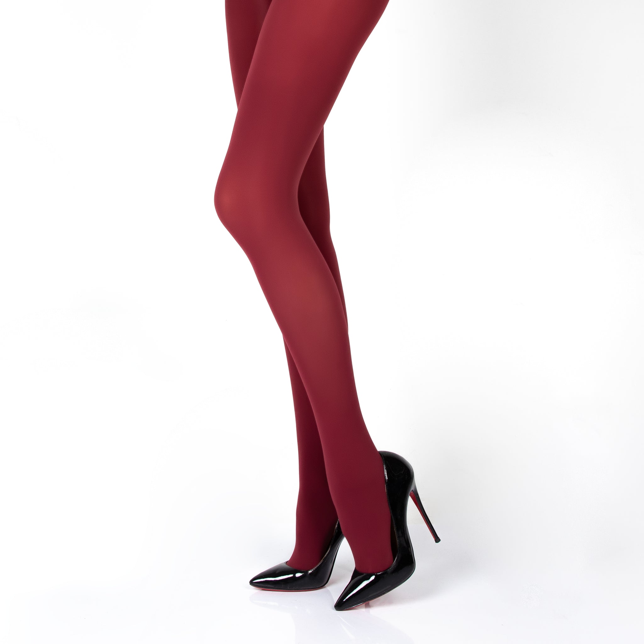 Full-length view of Netsuai burgundy opaque tights with heels