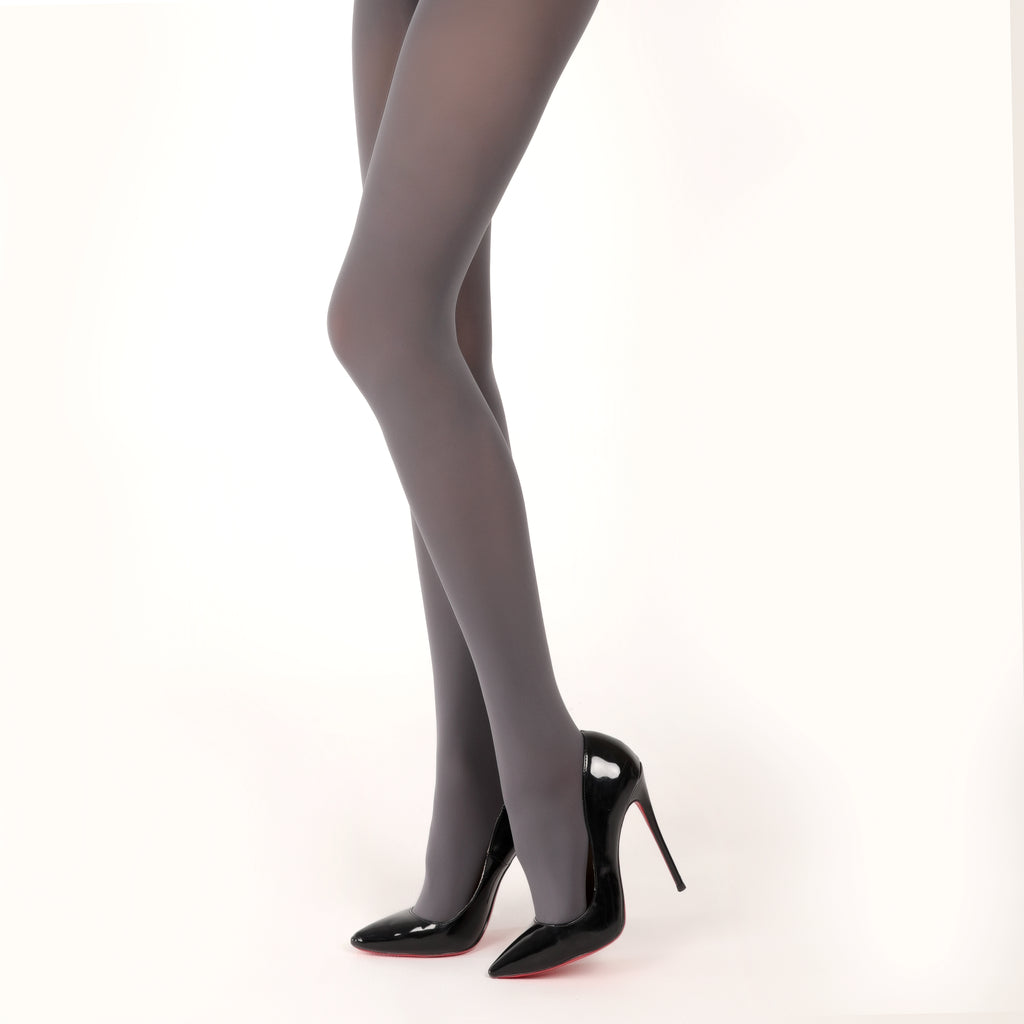 Full-length view of Netsuai gray opaque tights with heels