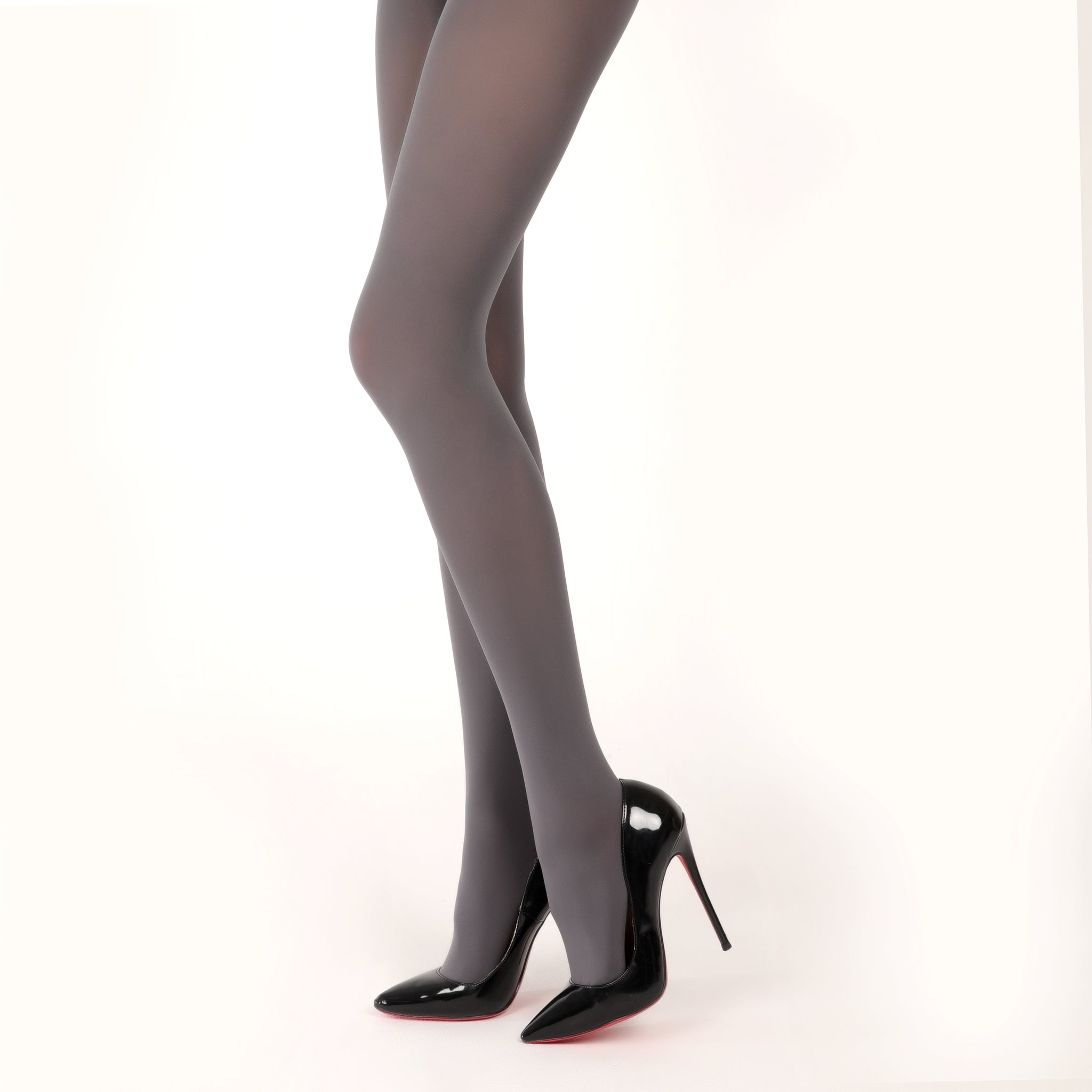 Full-length view of Netsuai gray opaque tights with heels